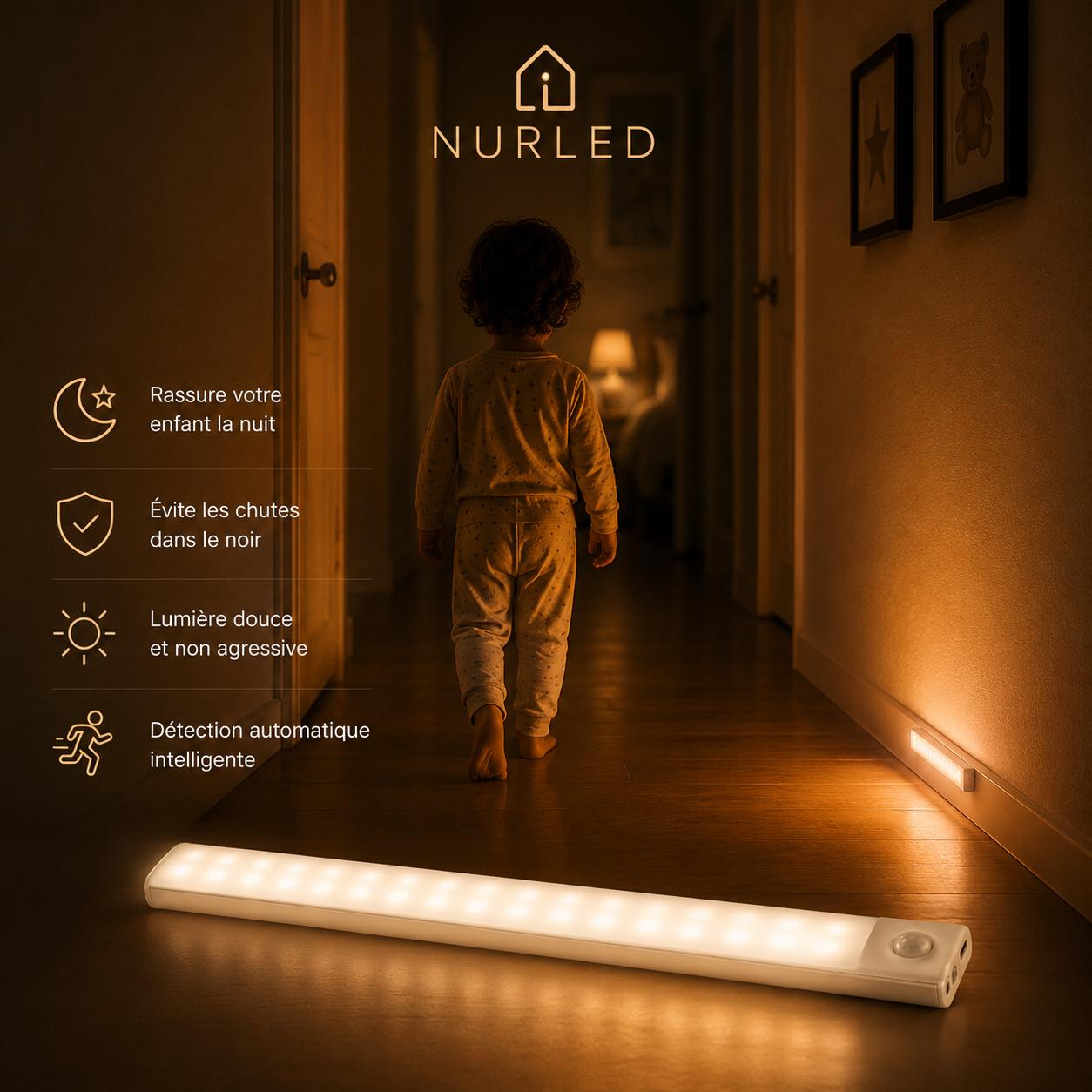  Enfant marchant dans un couloir éclairé par la lampe LED NURLED à détection de mouvement
